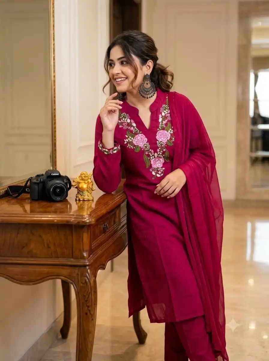 Deep Magenta Rayon Slub Cotton Straight Salwar Set